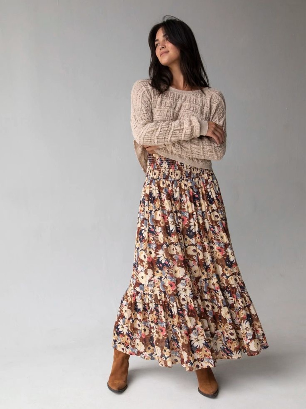 NATURAL LIFE Brown Floral Smocked Maxi Skirt NWOT